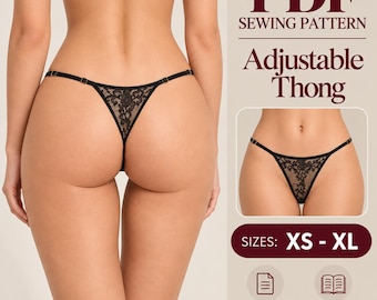 Könnte beinhalten: Ein PDF-Schnittmuster für einen verstellbaren Tanga mit schwarzer Spitzendetailierung. Der Text lautet PDF SEWING PATTERN, Adjustable Thong, SIZES: XS - XL, A4 / US LETTER und INSTRUCTIONS INCLUDED. Der Tanga hat dünne Träger und Spitze.