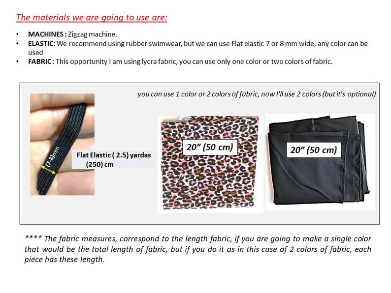 May include: A sewing project guide featuring 2.5 yards of 7-8 mm wide black flat elastic, a 20-inch square of leopard print lycra fabric, and a 20-inch square of solid black lycra fabric, with text detailing material requirements and measurements.