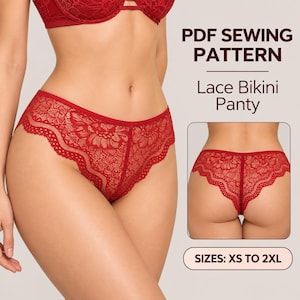 May include: A red lace bikini panty PDF sewing pattern featuring a floral lace design with scalloped edges. The image displays the front and back views of the panty, with text stating PDF SEWING PATTERN, Lace Bikini Panty, and SIZES: XS TO 2XL.
