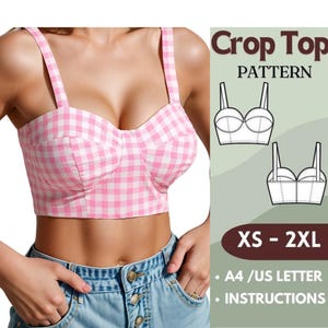 May include: A digital download pattern for a pink and white gingham crop top. The pattern includes sizes XS-2XL, A4/US letter sized pages, and instructions.