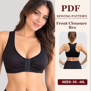 May include: A black front-closure bra with a racerback design. The text on the image reads: PDF SEWING PATTERN, Front Clousure Bra, and SIZES: XS - 4XL. The bra features a central hook-and-eye closure and wide shoulder straps.