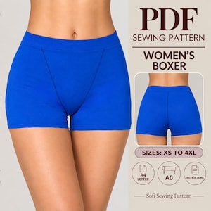 Könnte beinhalten: Ein PDF-Schnittmuster für eine Boxershorts mit breitem Bund und sichtbaren Nähten. Der Text lautet PDF SEWING PATTERN, BOXER, SIZES: XS TO 4XL, A4 LETTER, A0, INSTRUCTIONS und Sofi Sewing Pattern. Das Kleidungsstück ist einfarbig königsblau.