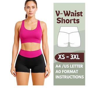Puede incluir: Una mujer con un sujetador deportivo magenta y pantalones cortos negros con cintura magenta. Los pantalones cortos están etiquetados como "V-Waist Shorts" con tallas XS-3XL. La imagen también incluye instrucciones para A4/US Letter y formato AO.