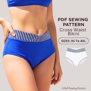 Mönster bikini med hög midja XS–4XL | Badbyxor med korsad midja baktill | Sömnadsmönster