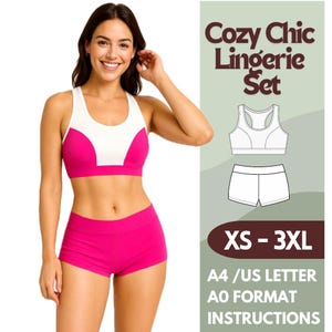 May include: A woman wearing a pink and white sports bra and matching shorts. The image includes text that reads "Cozy Chic Lingerie Set" and "XS - 3XL". The bra and shorts are a vibrant pink colour.
