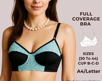 Naaipatroon voor een volledig bedekkende beha | DIY draadloze beha (PDF) | Beha-patroon met zachte cups en kant | Maten 30-44, cupmaten B/C/D | Direct te downloaden