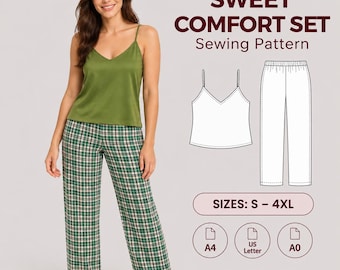 May include: A sewing pattern for a Sweet Comfort Set featuring a V-neck camisole and plaid pants. The set includes sizes S-4XL with A4, US Letter, and A0 print formats. The design shows a solid olive green camisole paired with green plaid pants.