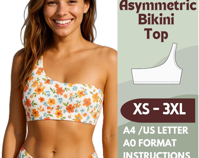 Featured listing image: Asymmetrical Bikini Top Sewing Pattern – One Shoulder Swimsuit PDF – DIY Swimwear Pattern for Beginners – Sizes XS to 3XL