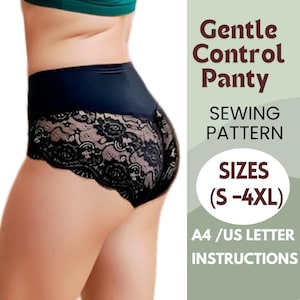 Puede incluir: Patrón de costura para una braga de encaje negra con panel de control suave. Tallas S-4XL. Instrucciones A4/US Letter incluidas.