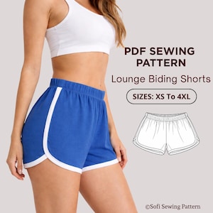 Può includere: Pantaloncini blu da salotto con finiture bianche. L'immagine include anche un disegno al tratto dei pantaloncini e il testo "PDF Sewing Pattern Lounge Biding Shorts" e "SIZES: XS To 4XL".