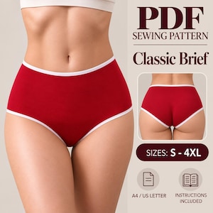 Op de afbeelding: Een PDF-naaipatroon voor een klassieke slip, uitgevoerd in donkerrood met witte biezen. De tekst luidt PDF SEWING PATTERN, Classic Brief, SIZES: S - 4XL, A4 / US LETTER en INSTRUCTIONS INCLUDED. Het ontwerp toont zowel voor- als achteraanzichten.