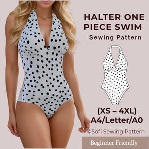 Naaipatroon voor een badpak in de maten XS-4X, eendelig badpak met halternek, inclusief instructies en video.