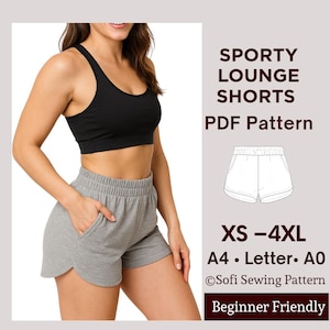 Sporty Lounge Shorts Sewing Pattern | High Waist Knit Shorts with Pockets | XS-4XL | A4 US Letter A0 | Easy Beginner DIY image 1