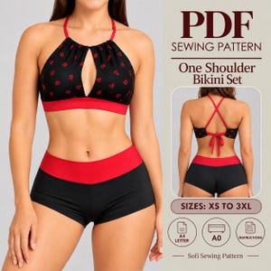 Puede incluir: Un patrón de costura en PDF para un conjunto de bikini con un top halter negro con estampado floral rojo, una banda roja y una abertura en forma de lágrima. El conjunto incluye shorts negros con una cintura roja ancha. Texto: PDF SEWING PATTERN One Shoulder Bikini Set.