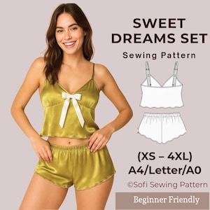 Patrón Set de Pijama XS-4X, Top Camisola y Short, Molde Costura Ropa de Dormir, Satin Sleepwear Sewing Pattern PDF