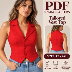 Women’s Tailored Vest Sewing Pattern XS–4XL | Fitted Waistcoat PDF | Button Front Vest Top | Princess Seam Vest | Instant Download
