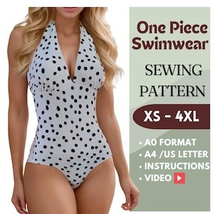 One-Piece Swimsuit Sewing Pattern - Halter Swimsuit - DIY Swimwear Pattern - XS-4XL - A4, US Letter, A0 - Instructions + Video