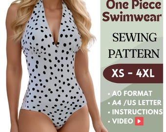 One-Piece Swimsuit Sewing Pattern - Halter Swimsuit  - DIY Swimwear Pattern - XS-4XL - A4, US Letter, A0 - Instructions + Video