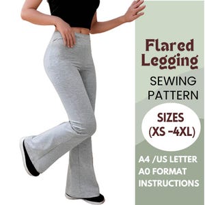 Puede incluir: Un patrón de costura para leggings acampanados en tallas XS-4XL. El patrón incluye instrucciones y está disponible en formato A4/US Letter y A0.