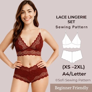 May include: A burgundy lace lingerie set, including a bralette and shorts, is displayed. The bralette has scalloped edges and adjustable straps. The image also shows a sewing pattern with the text "LACE LINGERIE SET Sewing Pattern" and size range (XS-2XL).