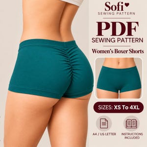 Könnte beinhalten: Tealfarbene Boxershorts mit geraffter Rückennaht und breitem Bund. Der Text lautet: Sofi Sewing Pattern, PDF Sewing Pattern, Women's Boxer Shorts, SIZES: XS To 4XL, A4 / US Letter, Instructions Included. Die Shorts sind von hinten und vorne abgebildet.