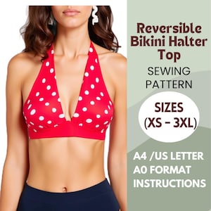 Reversible Bikini Top Sewing Pattern – Halter Style PDF Swimwear Pattern – Beginner Friendly – Sizes XS-3XL – A4, Letter, A0