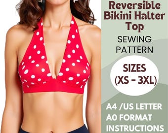 Reversible Bikini Top Sewing Pattern – Halter Style PDF Swimwear Pattern – Beginner Friendly – Sizes XS-3XL – A4, Letter, A0