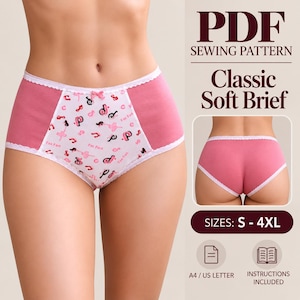 May include: A PDF sewing pattern for a classic soft brief, featuring a white center panel with a pink musical note print and solid pink side panels. The brief has white lace trim and a small bow. Text includes PDF SEWING PATTERN, Classic Soft Brief, S-4XL.