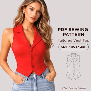 May include: A red tailored vest top with three buttons, a notched collar, and a sleeveless design. The image includes the text "PDF Sewing Pattern" and "Sizes: XS to 4XL". A line drawing of the vest is also shown.