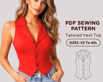Women’s Tailored Vest Sewing Pattern XS–4XL | Fitted Waistcoat PDF | Button Front Vest Top | Princess Seam Vest | Instant Download