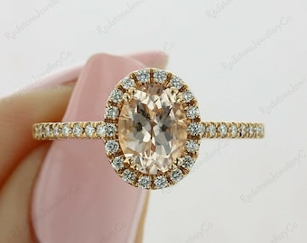 Oval Champagne Moissanite Halo Ring, 14K Yellow Gold Art Deco Promise Ring