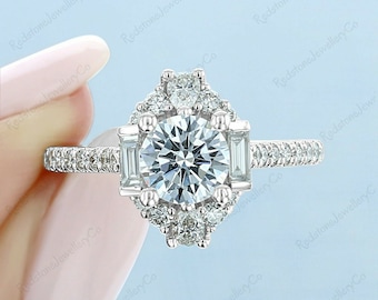 Round Moissanite Rose Gold Engagement Ring, Pear & Baguette Halo, Pavé Band