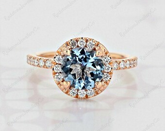 Aquamarine Halo Engagement Ring, Round Gemstone, Solid Yellow Gold