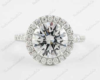 Round Cut Moissanite Halo Engagement Ring, 14k White Gold Wedding Ring