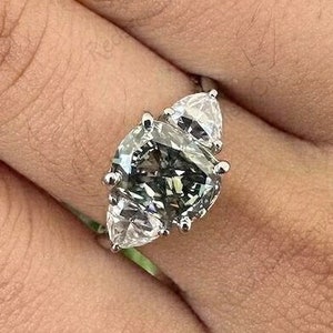 Grey Cushion Cut Moissanite Diamond Ring, 1.8Ct Three Stone Engagement Ring, Triangle Moissanite Wedding Ring, Propose Anniversary Gift Ring