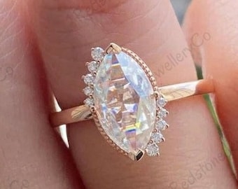 Marquise Cut 1.80CT Moissanite Ring, 14K Rose Gold Half Halo, Milgrain Bridal Ring