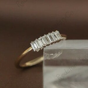Baguette Moissanite Wedding Band, Yellow Gold Vintage Stacking Ring