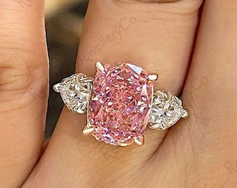 Anello di moissanite rosa taglio cuscino, anello di fidanzamento con tre pietre