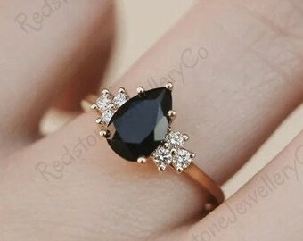 Pear Black Onyx Engagement Ring, Rose Gold Antique Diamond Bridal Ring