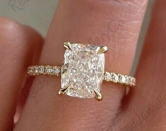 2.0TW Cushion Cut Moissanite Engagement Ring | Yellow Gold Hidden Halo