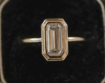 Emerald Cut Moissanite Solitaire Ring, 14K Yellow Gold Bezel Setting