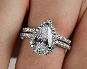 Pear Moissanite Engagement Ring Set, 10k White Gold Bridal Set