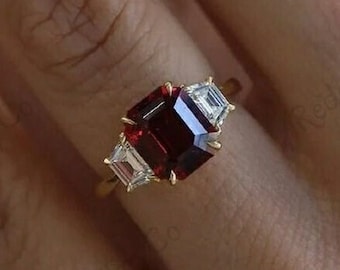 Red Emerald Cut Moissanite Ring, 14k Gold Three Stone Engagement Ring