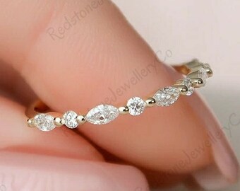 Moissanite Wedding Band Ring, 14k Yellow Gold Marquise & Round Cut