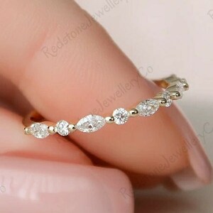 Moissanite Wedding Band Ring, 14k Yellow Gold Marquise & Round Cut