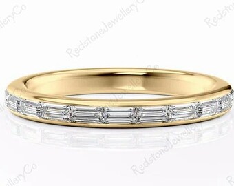 Baguette Cut Moissanite Wedding Band, Yellow Gold Half Eternity Ring