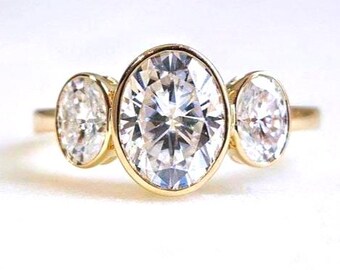 Bezel Set Oval Moissanite Ring, Three Stone Engagement Ring