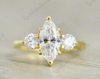2.2 CT Marquise Moissanite Engagement Ring: 14K Gold Three Stone Wedding Ring