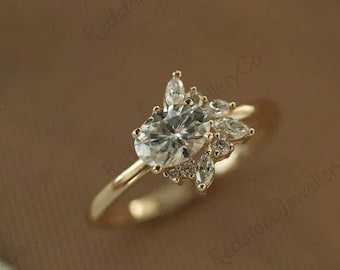 Oval Moissanite Engagement Ring, Vintage Yellow Gold Cluster Bridal Ring