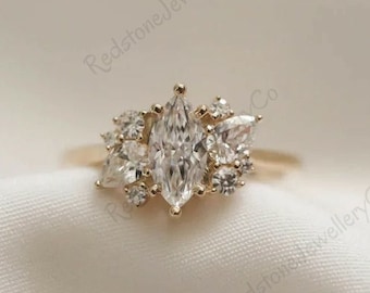 Vintage Marquise Moissanite Engagement Ring, Yellow Gold Diamond Cluster
